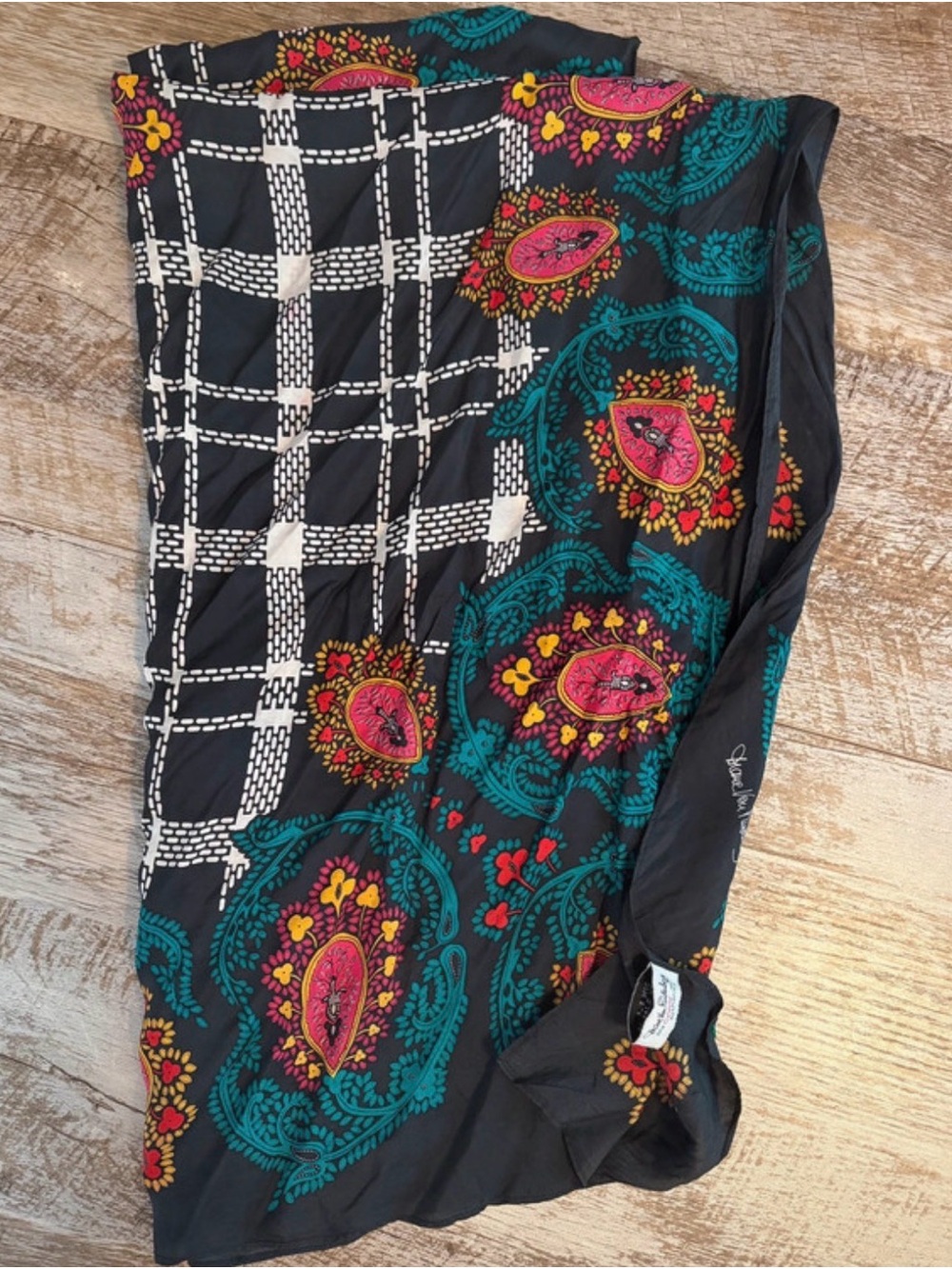 Diane Von Furstenberg Black Scarf with Teal and Pink Paisley & White Grid